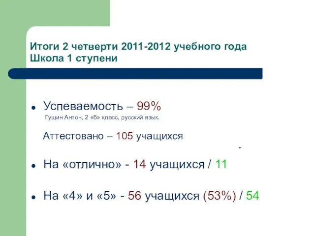 Итоги 2 четверти 2011-2012 учебного года Школа 1 ступени Успеваемость – 99%