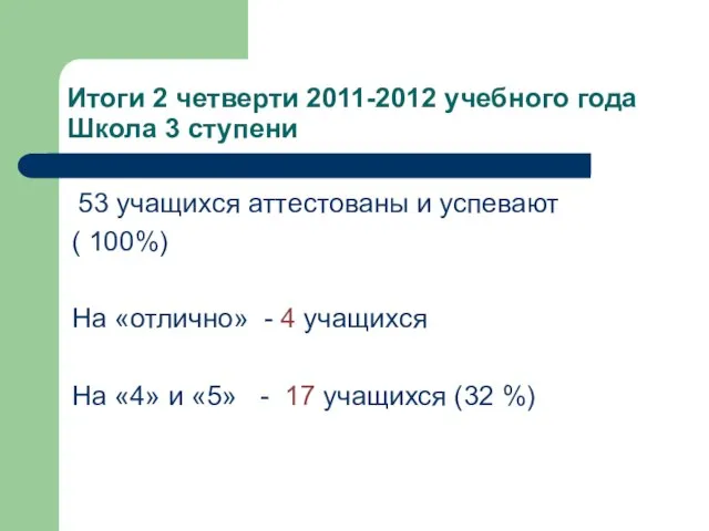 Итоги 2 четверти 2011-2012 учебного года Школа 3 ступени 53 учащихся аттестованы