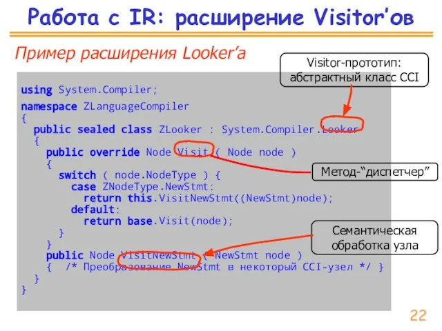 Работа с IR: расширение Visitor’ов using System.Compiler; namespace ZLanguageCompiler { public sealed