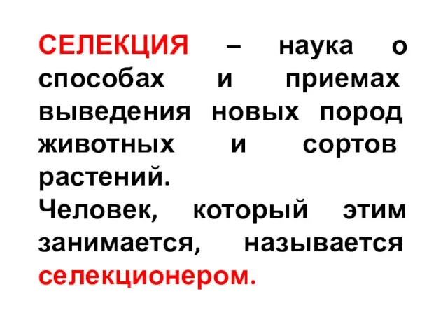 СЕЛЕКЦИЯ – наука о способах и приемах выведения новых пород животных и