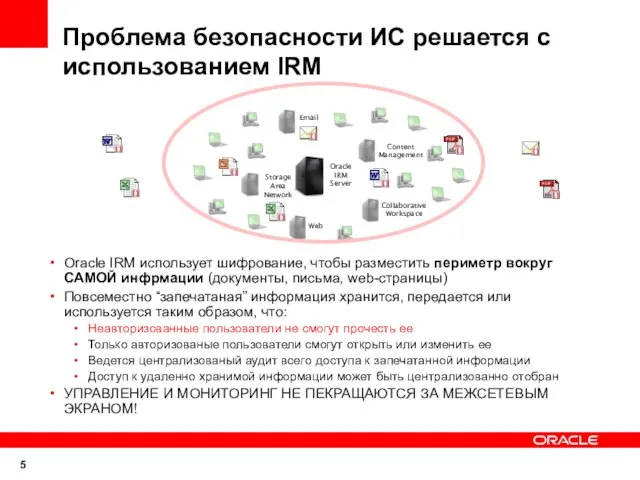 Проблема безопасности ИС решается с использованием IRM Oracle IRM использует шифрование, чтобы