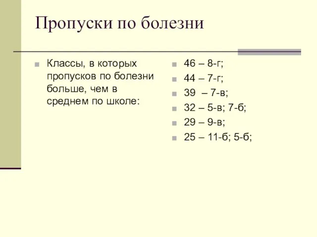 Пропуски по болезни Классы, в которых пропусков по болезни больше, чем в