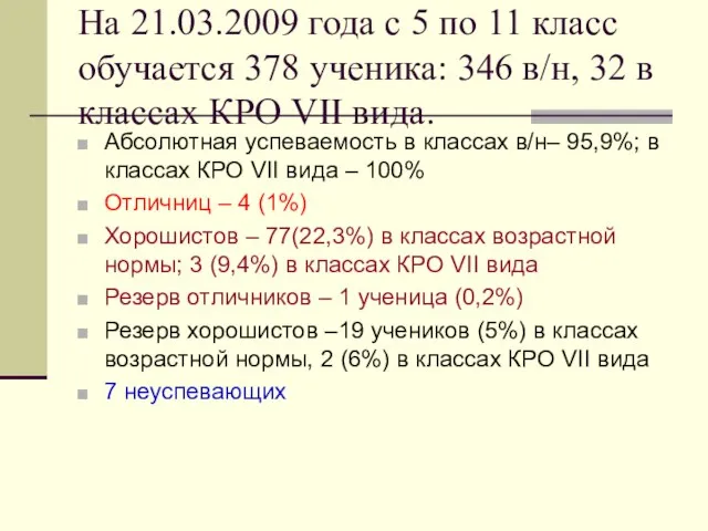 На 21.03.2009 года с 5 по 11 класс обучается 378 ученика: 346