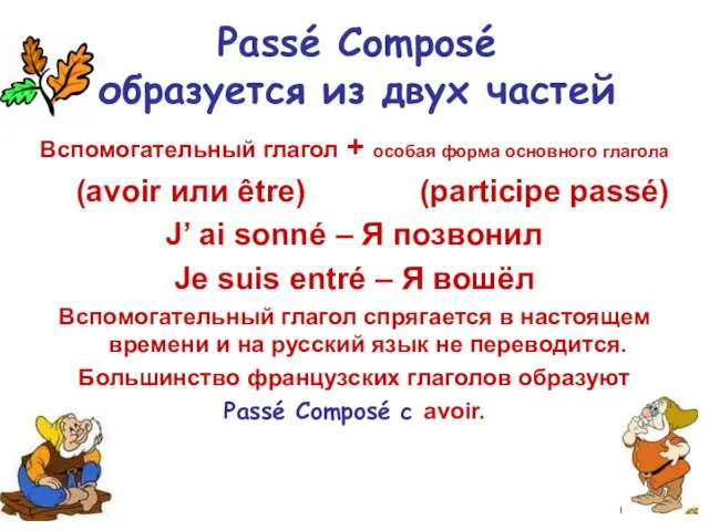 Passé Composé образуется из двух частей Вспомогательный глагол + особая форма основного