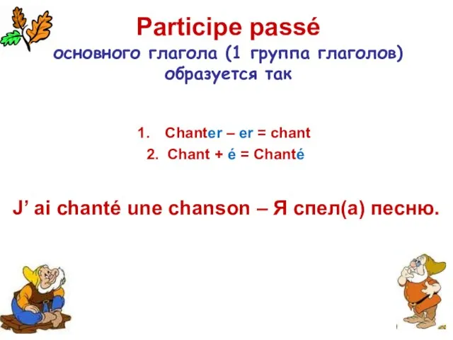 Participe passé основного глагола (1 группа глаголов) образуется так Chanter – er