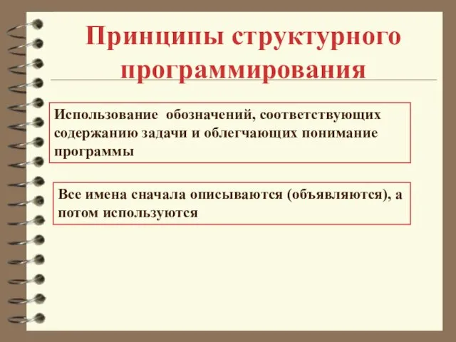 Принципы структурного программирования Использование обозначений, соответствующих содержанию задачи и облегчающих понимание программы