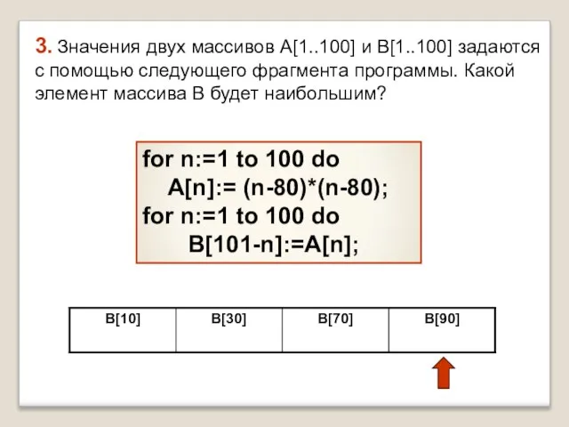3. Значения двух массивов A[1..100] и B[1..100] задаются с помощью следующего фрагмента