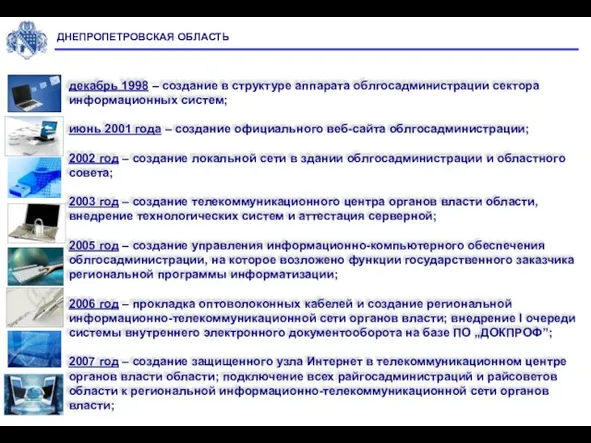 декабрь 1998 – создание в структуре аппарата облгосадминистрации сектора информационных систем; июнь