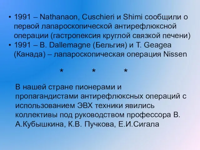 1991 – Nathanaon, Cuschieri и Shimi сообщили о первой лапароскопической антирефлюксной операции