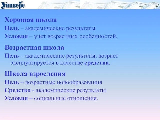 Хорошая школа Цель – академические результаты Условия – учет возрастных особенностей. Возрастная