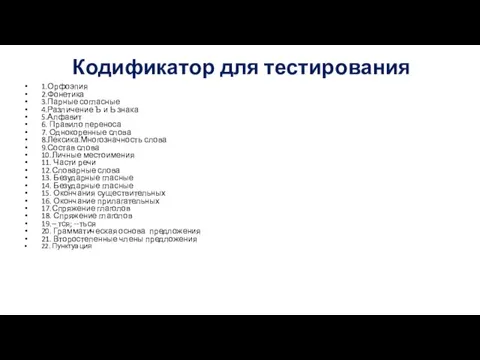 Кодификатор для тестирования 1.Орфоэпия 2.Фонетика 3.Парные согласные 4.Различение Ъ и Ь знака