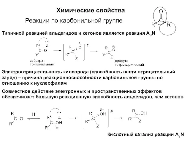 Химические свойства Реакции по карбонильной группе Типичной реакцией альдегидов и кетонов является