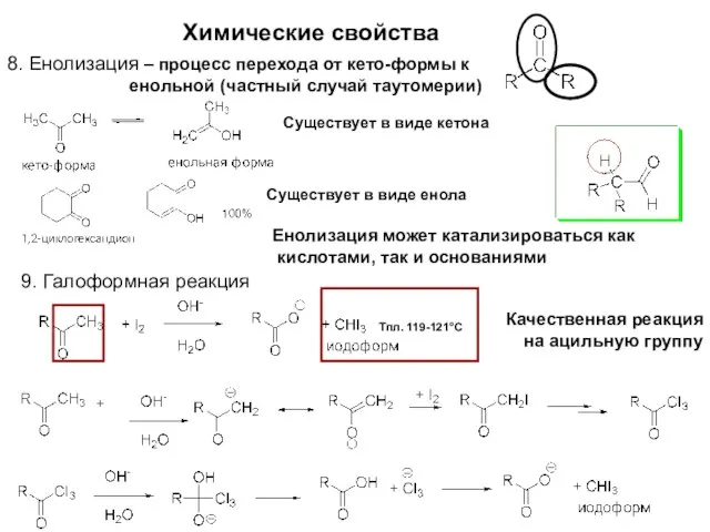 Химические свойства 8. Енолизация – процесс перехода от кето-формы к енольной (частный