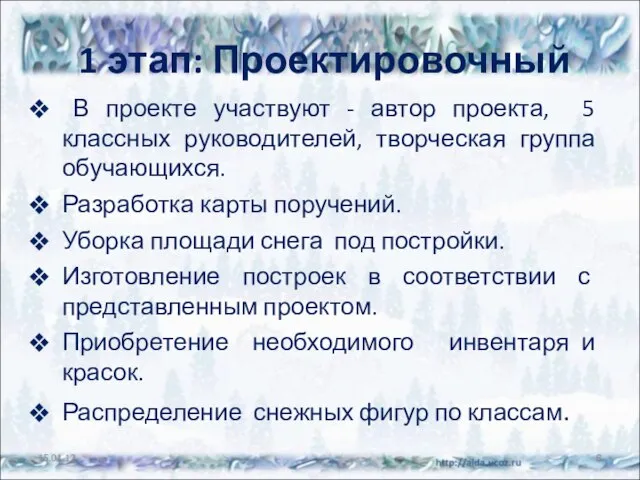 1 этап: Проектировочный В проекте участвуют - автор проекта, 5 классных руководителей,