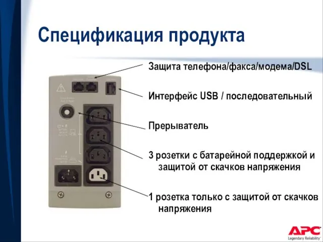 Защита телефона/факса/модема/DSL Интерфейс USB / последовательный Прерыватель 3 розетки с батарейной поддержкой