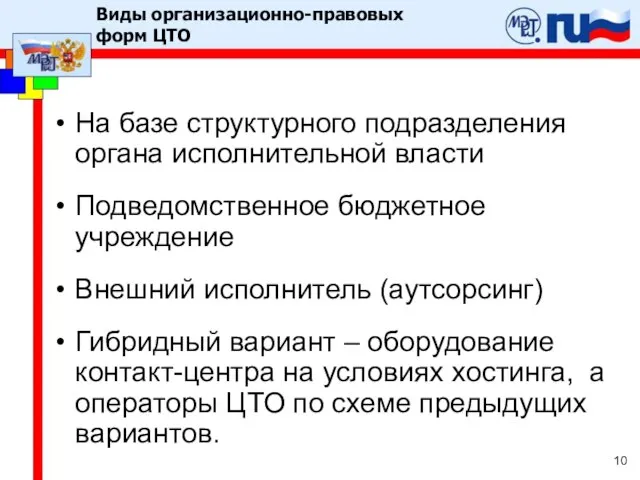 Виды организационно-правовых форм ЦТО На базе структурного подразделения органа исполнительной власти Подведомственное