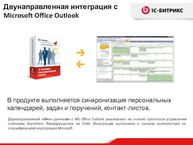 В продукте выполняется синхронизация персональных календарей, задач и поручений, контакт-листов. Двунаправленный обмен