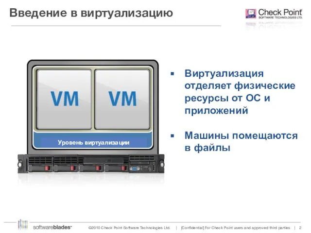 Введение в виртуализацию Виртуализация отделяет физические ресурсы от ОС и приложений Машины помещаются в файлы