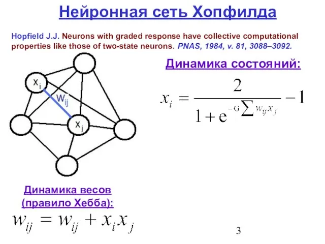 Нейронная сеть Хопфилда Динамика состояний: Hopfield J.J. Neurons with graded response have