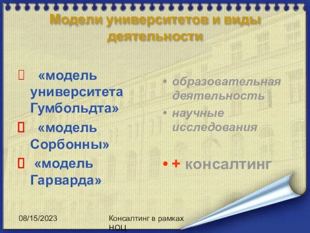 08/15/2023 Консалтинг в рамках НОЦ Модели университетов и виды деятельности «модель университета