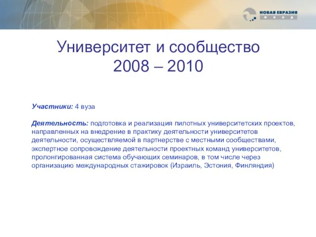 Университет и сообщество 2008 – 2010 Участники: 4 вуза Деятельность: подготовка и