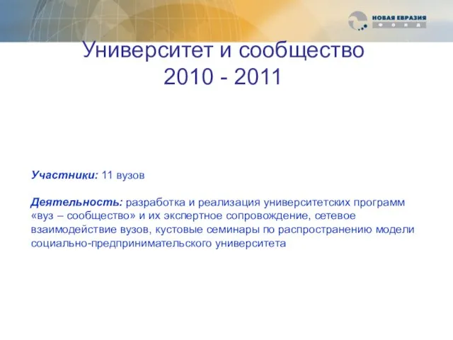 Университет и сообщество 2010 - 2011 Участники: 11 вузов Деятельность: разработка и