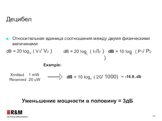 Децибел Относительная единица соотношения между двумя физическими величинами dB = 20 log