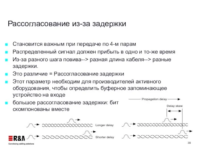 Рассогласование из-за задержки Становится важным при передаче по 4-м парам Распределенный сигнал