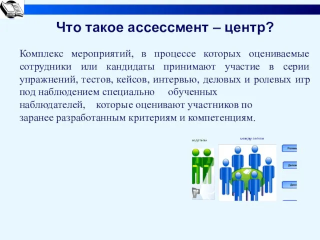 Что такое ассессмент – центр? Комплекс мероприятий, в процессе которых оцениваемые сотрудники