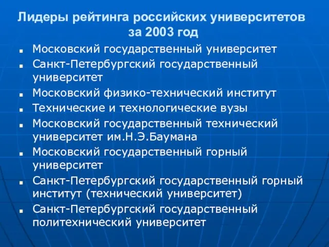 Лидеры рейтинга российских университетов за 2003 год Московский государственный университет Санкт-Петербургский государственный