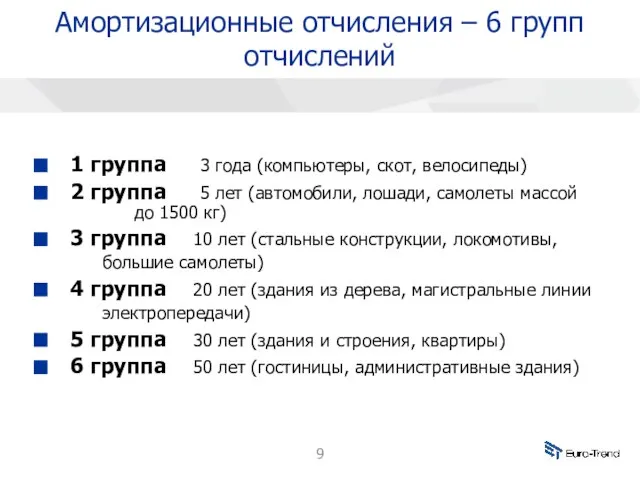 Амортизационные отчисления – 6 групп отчислений 1 группа 3 года (компьютеры, скот,