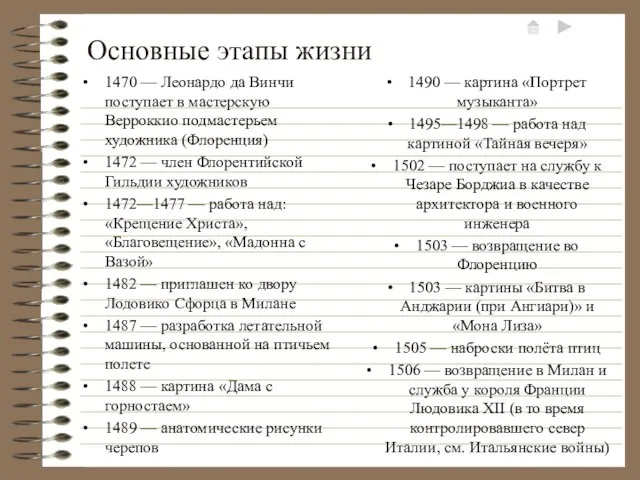 Основные этапы жизни 1470 — Леонардо да Винчи поступает в мастерскую Верроккио