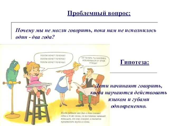 Гипотеза: Дети начинают говорить, когда научаются действовать языком и губами одновременно. Проблемный