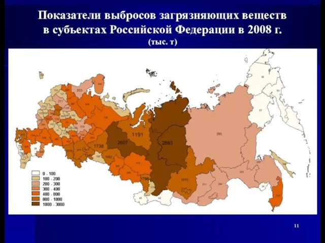 Показатели выбросов загрязняющих веществ в субъектах Российской Федерации в 2008 г. (тыс. т)