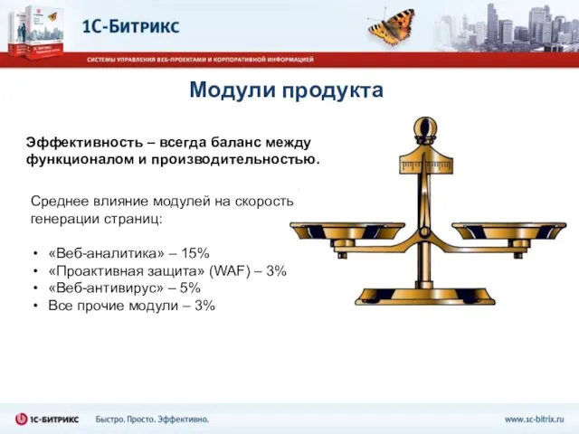 Модули продукта Эффективность – всегда баланс между функционалом и производительностью. Среднее влияние