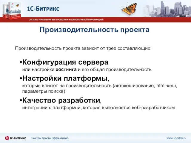 Производительность проекта Производительность проекта зависит от трех составляющих: Конфигурация сервера или настройки