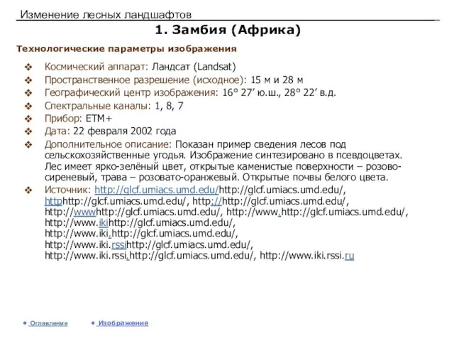 Изменение лесных ландшафтов 1. Замбия (Африка) Космический аппарат: Ландсат (Landsat) Пространственное разрешение