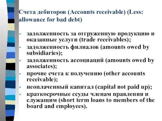 Счета дебиторов (Accounts receivable) (Less: allowance for bad debt) задолженность за отгруженную