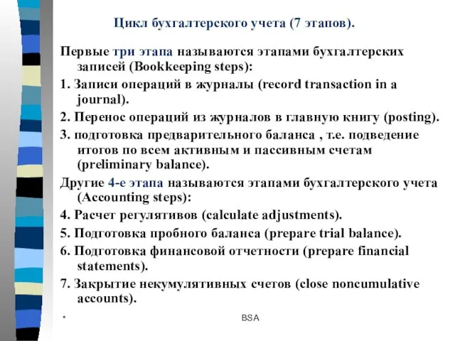 * BSA Первые три этапа называются этапами бухгалтерских записей (Bookkeeping steps): 1.