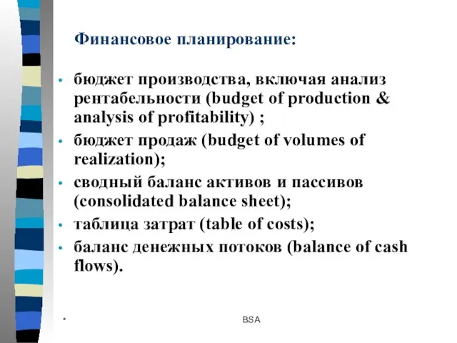 * BSA Финансовое планирование: бюджет производства, включая анализ рентабельности (budget of production
