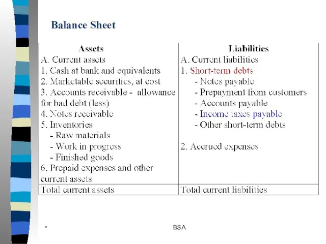 * BSA Balance Sheet