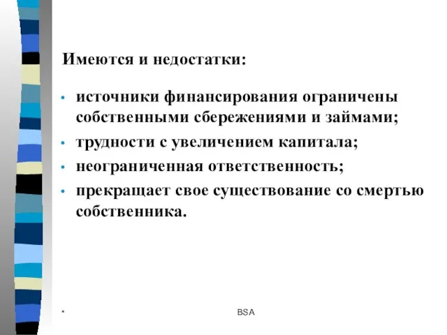 * BSA источники финансирования ограничены собственными сбережениями и займами; трудности с увеличением