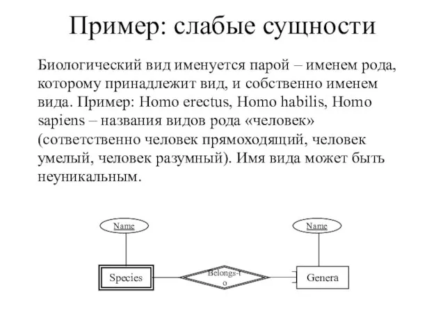 Пример: слабые сущности Биологический вид именуется парой – именем рода, которому принадлежит