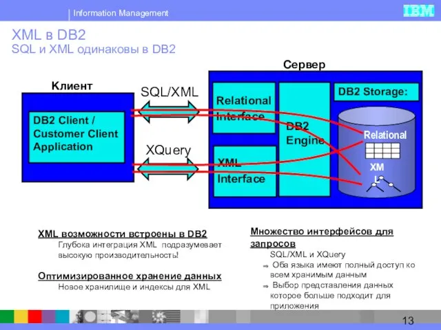 XML в DB2 SQL и XML одинаковы в DB2 Множество интерфейсов для