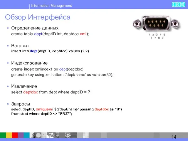 Обзор Интерфейса Определение данных create table dept(deptID int, deptdoc xml); Вставка insert