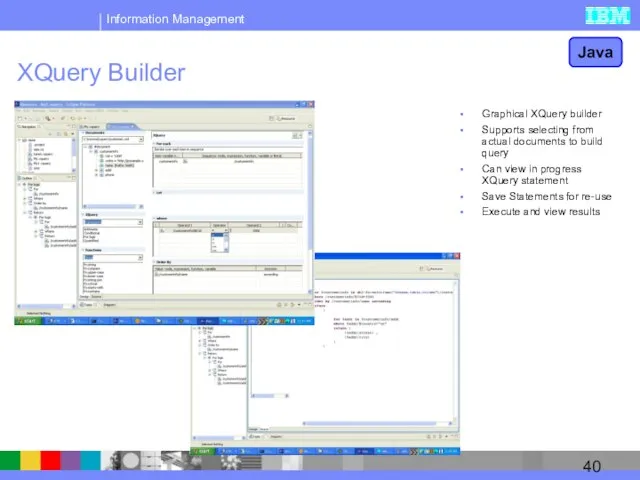 XQuery Builder Java Graphical XQuery builder Supports selecting from actual documents to