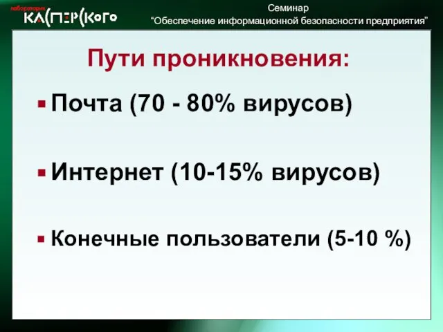 Пути проникновения: Почта (70 - 80% вирусов) Интернет (10-15% вирусов) Конечные пользователи (5-10 %)