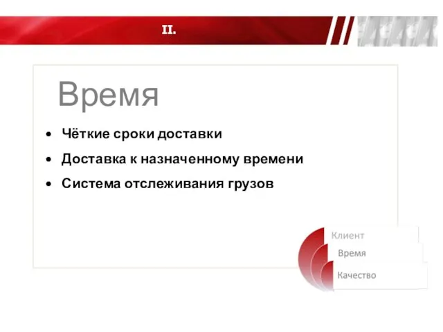 II. Время Чёткие сроки доставки Доставка к назначенному времени Система отслеживания грузов