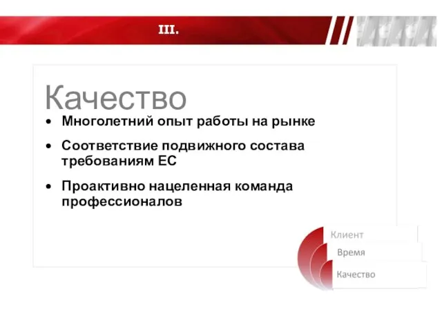 III. Качество Многолетний опыт работы на рынке Соответствие подвижного состава требованиям ЕС Проактивно нацеленная команда профессионалов