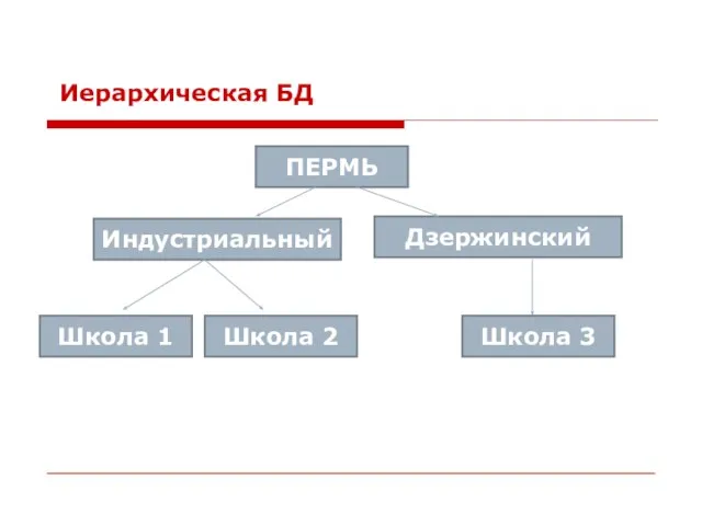 Иерархическая БД ПЕРМЬ Школа 1 Школа 2 Индустриальный Дзержинский Школа 3